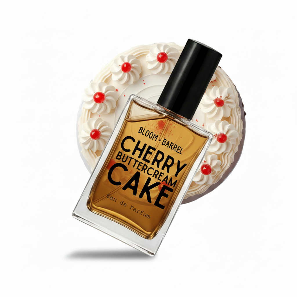 A perfume bottle labeled 'BLOOM • BARREL CHERRY BUTTERCREAM CAKE' with amber liquid and a black cap, shown in front of a round dessert illustration of cream with red cherries on a white background.