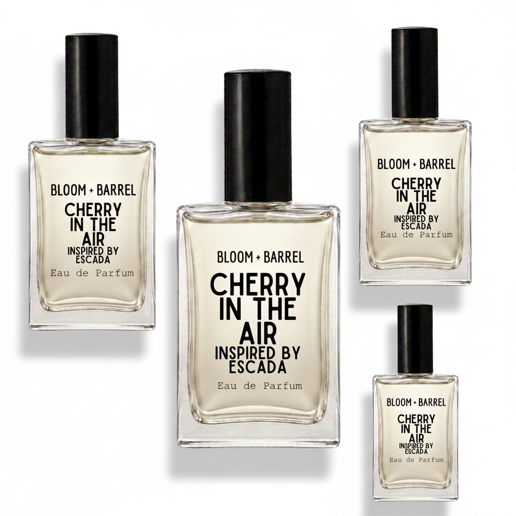 Four glass perfume bottles with black caps from Bloom + Barrel, featuring the scent Cherry in the Air Inspired by Escada, arranged on a plain white background.