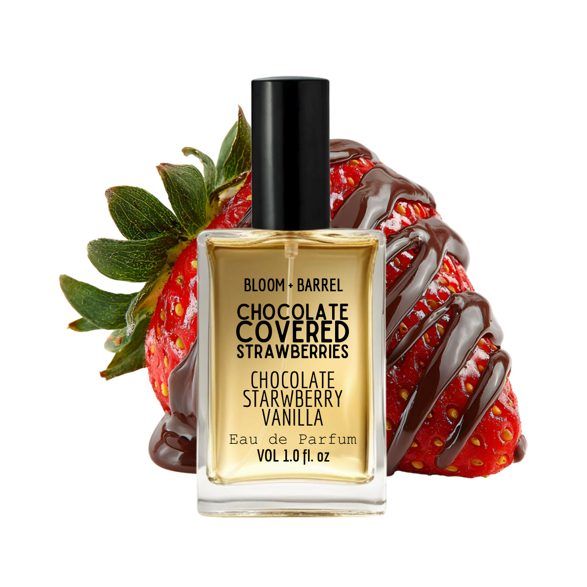 Perfume bottle labeled 'Chocolate Covered Strawberries' with a strawberry decoration on a white background