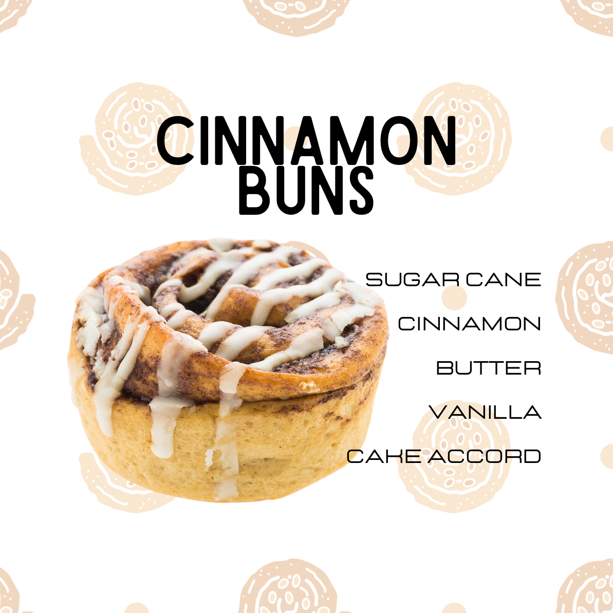 Cinnamon bun with icing on a white background with 'Cinnamon Buns' text and flavor notes.