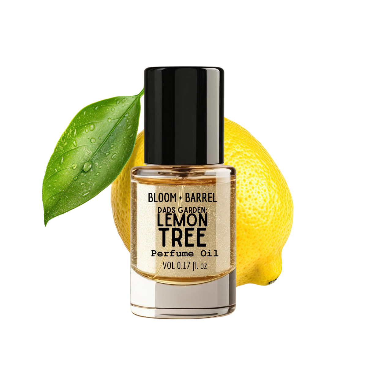 Bottle of Bloom & Barrel Lemon Tree perfume oil with a lemon and green leaf on a white background