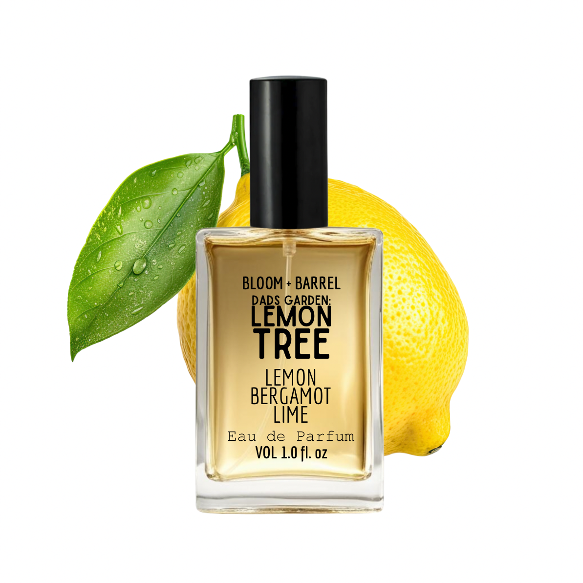 Perfume bottle labeled 'Lemon Tree' with a lemon and green leaf on a white background