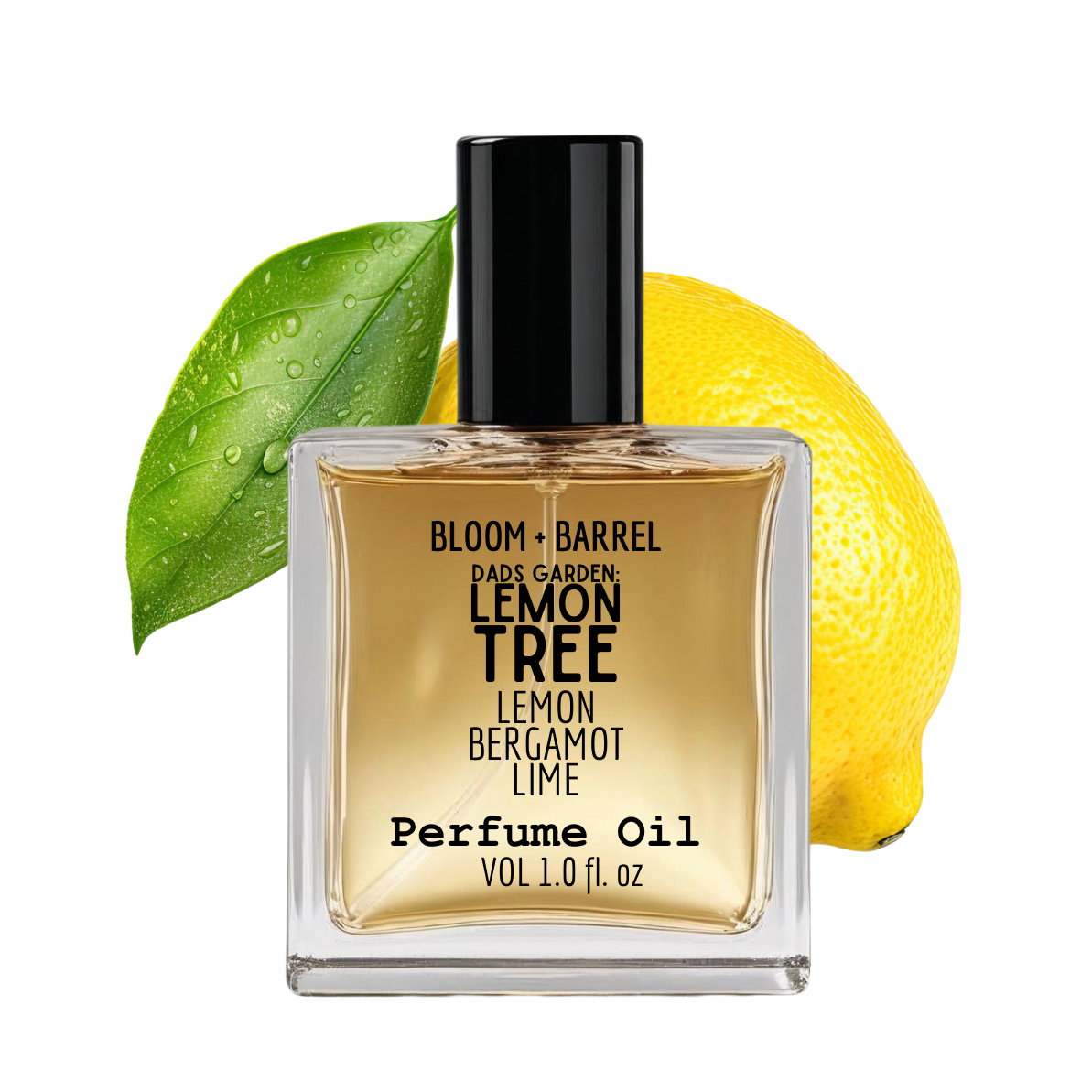 Perfume oil bottle labeled 'Lemon Tree' with a lemon and green leaf on a white background