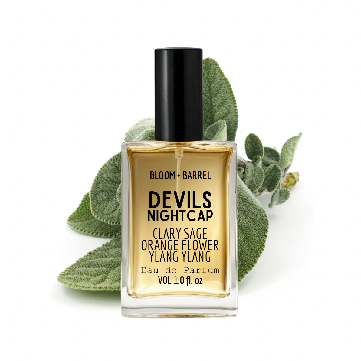 Perfume bottle labeled 'Devil's Nightcap' with green leaves on a white background