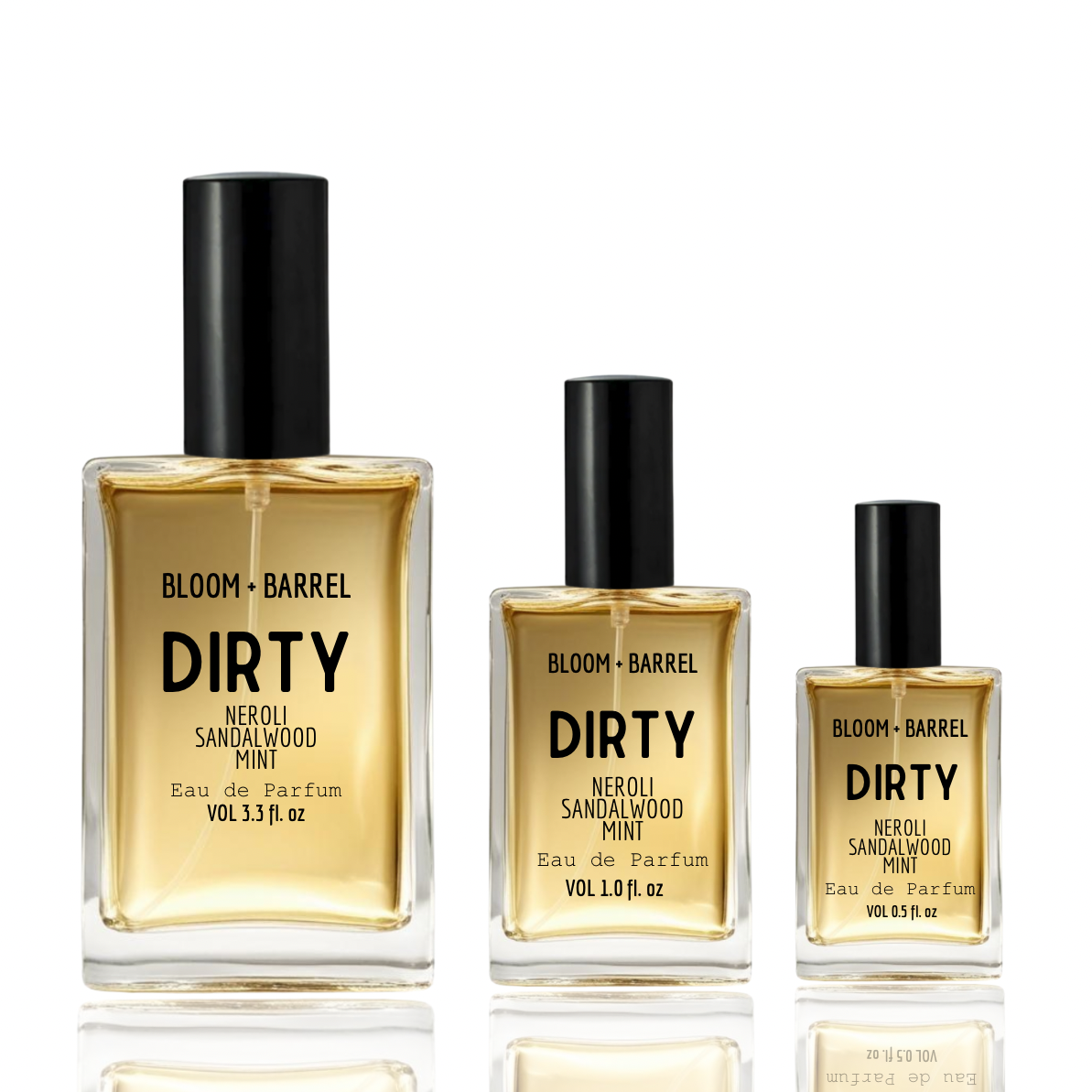 Three bottles of Bloom & Barrel 'Dirty' perfume on a white background