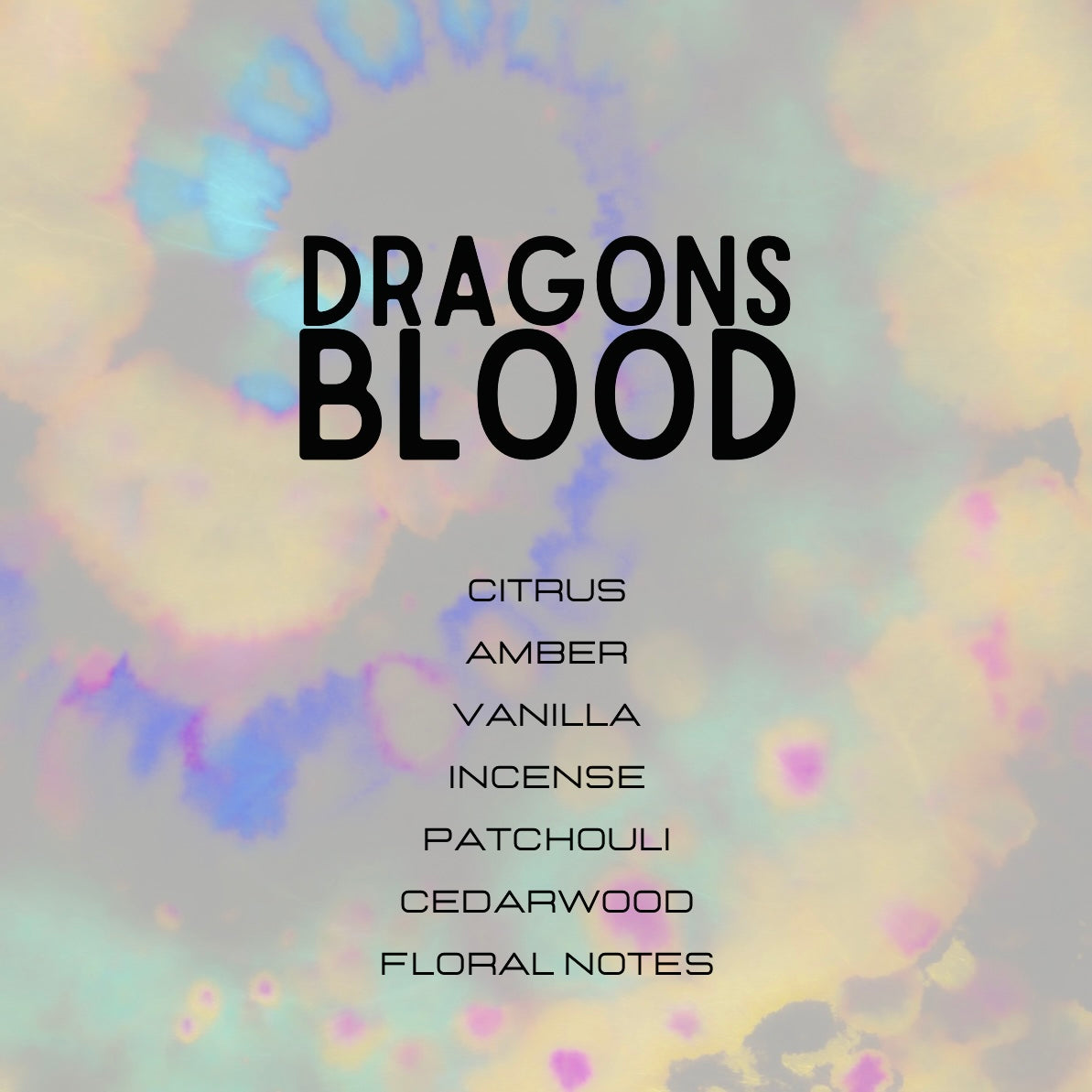 Text 'DRAGONS BLOOD' with notes on scent notes on a colorful abstract background