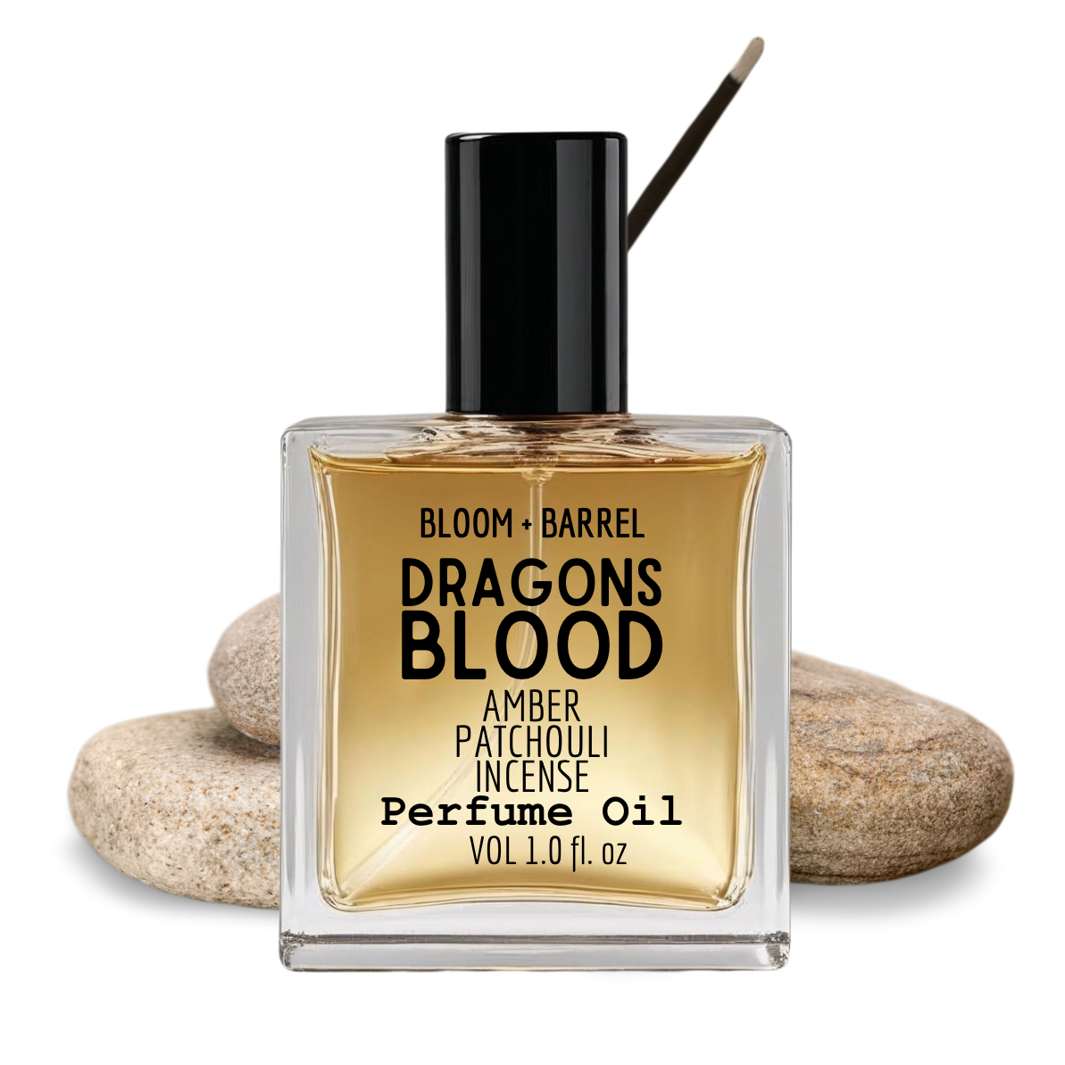 Perfume oil bottle labeled 'Dragons Blood' by Bloom & Barrel on a white background.