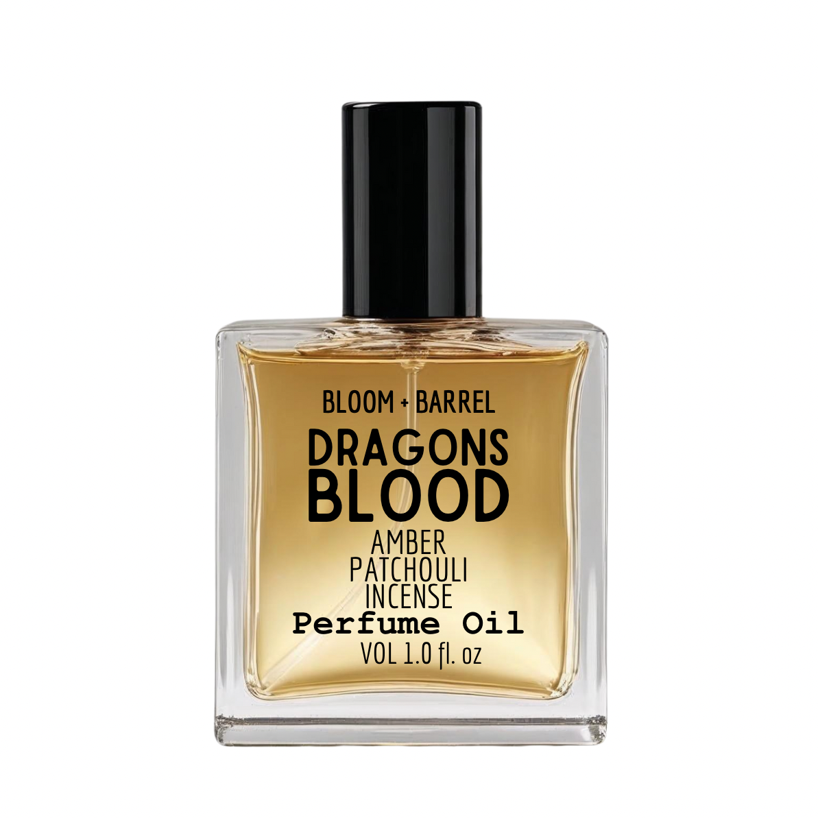 Perfume oil bottle labeled 'Dragons Blood' by Bloom & Barrel on a white background