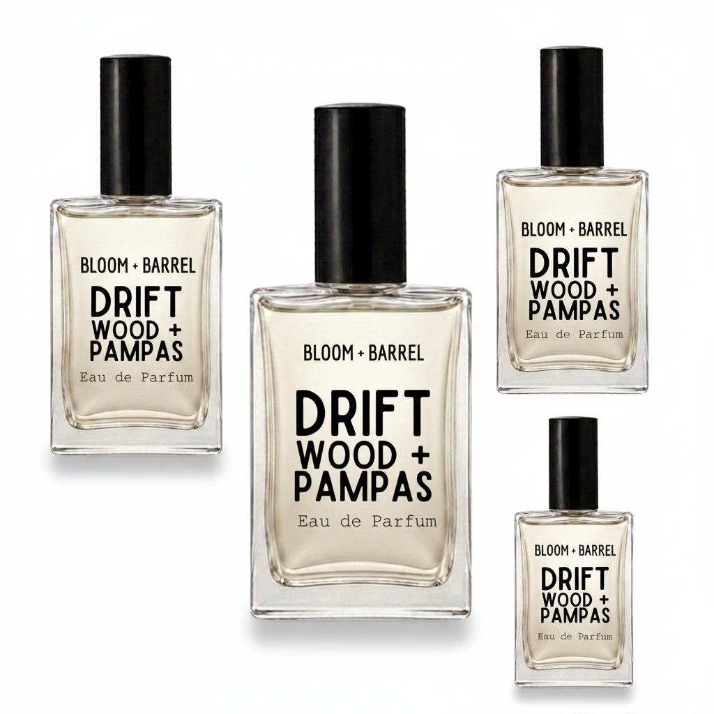 Four clear glass perfume bottles with black caps and black printed labels reading BLOOM + BARREL DRIFT WOOD + PAMPAS Eau de Parfum, arranged on a plain white background.