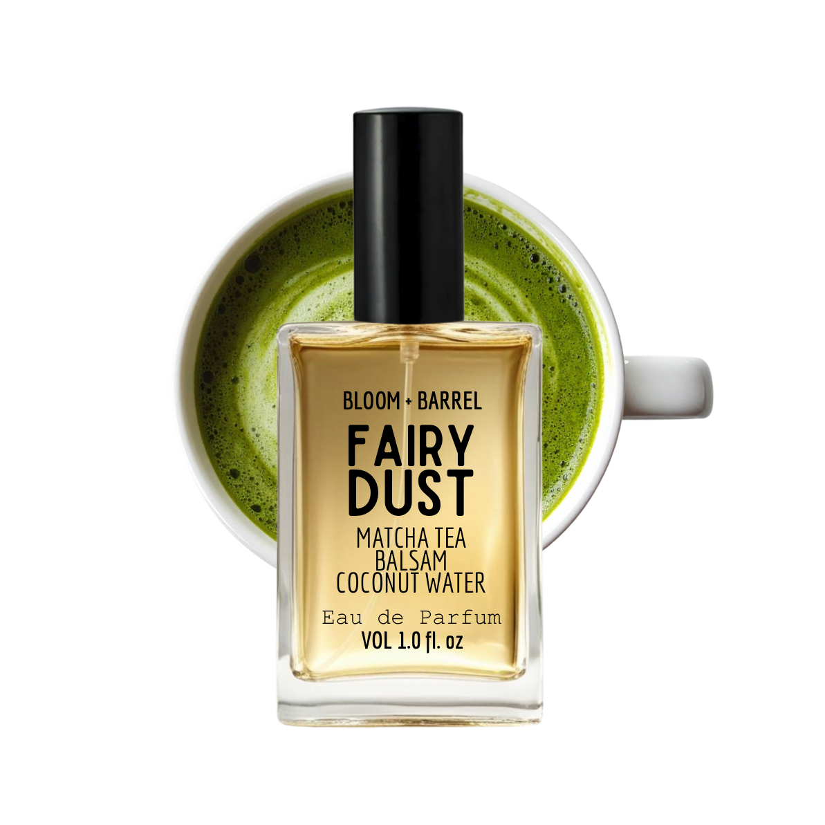 Perfume bottle labeled 'Fairy Dust' with a cup of matcha tea in the background