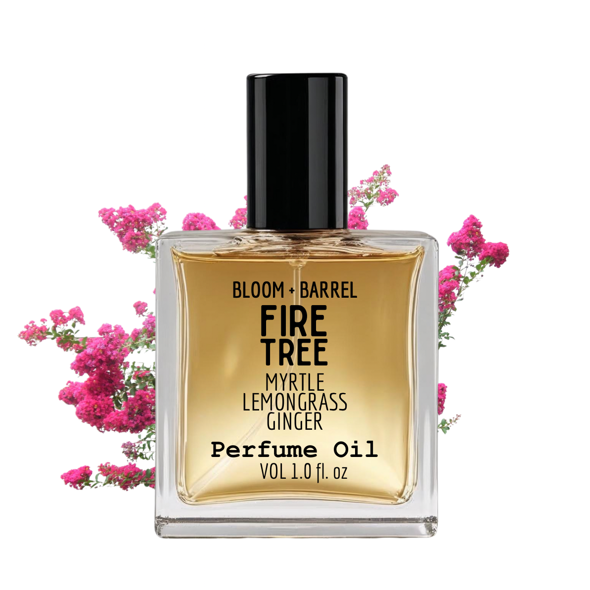 Perfume oil bottle with 'Fire Tree' label on a white background with pink flowers.