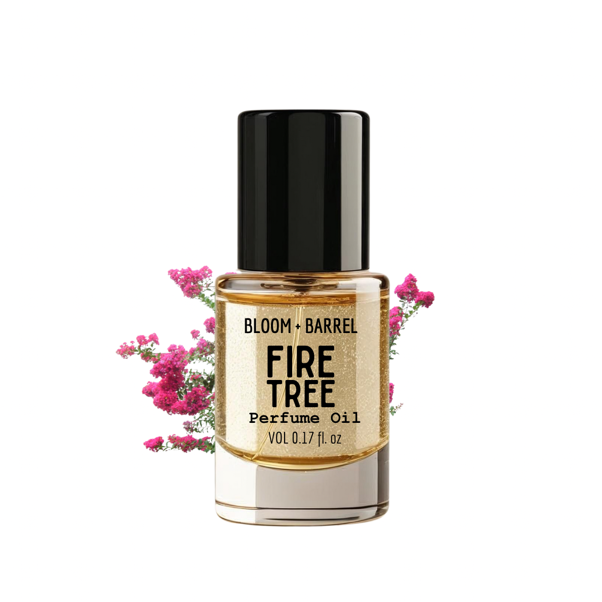 Perfume oil bottle labeled 'Fire Tree' by Bloom & Barrel with pink flowers on a white background