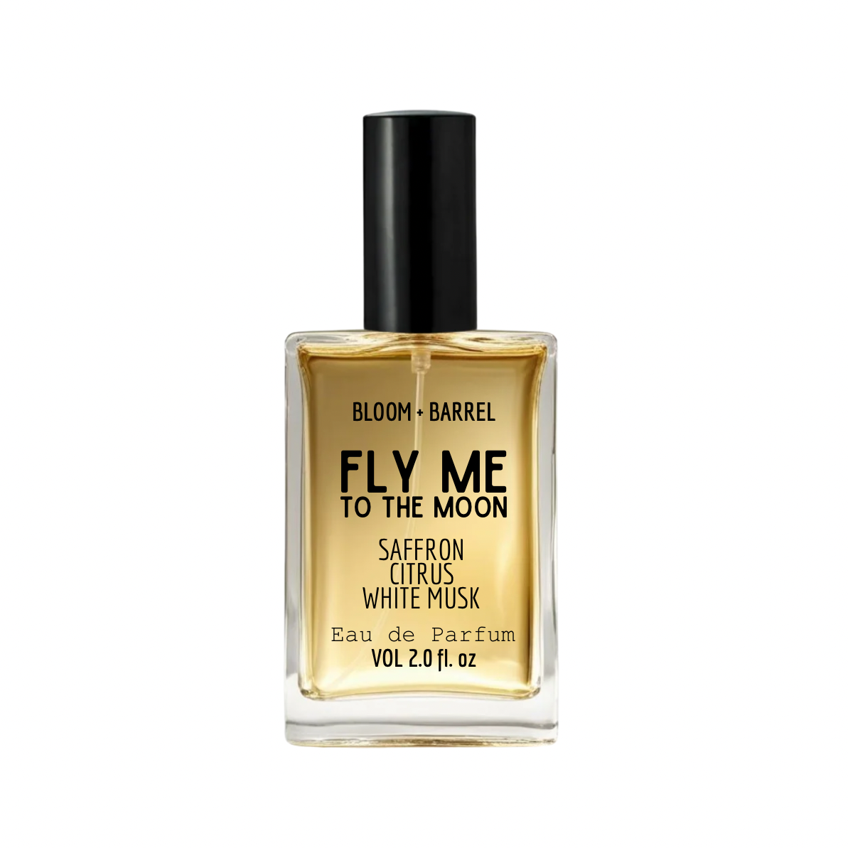 Perfume bottle labeled 'Fly Me to the Moon' by Bloom & Barrel on a white background