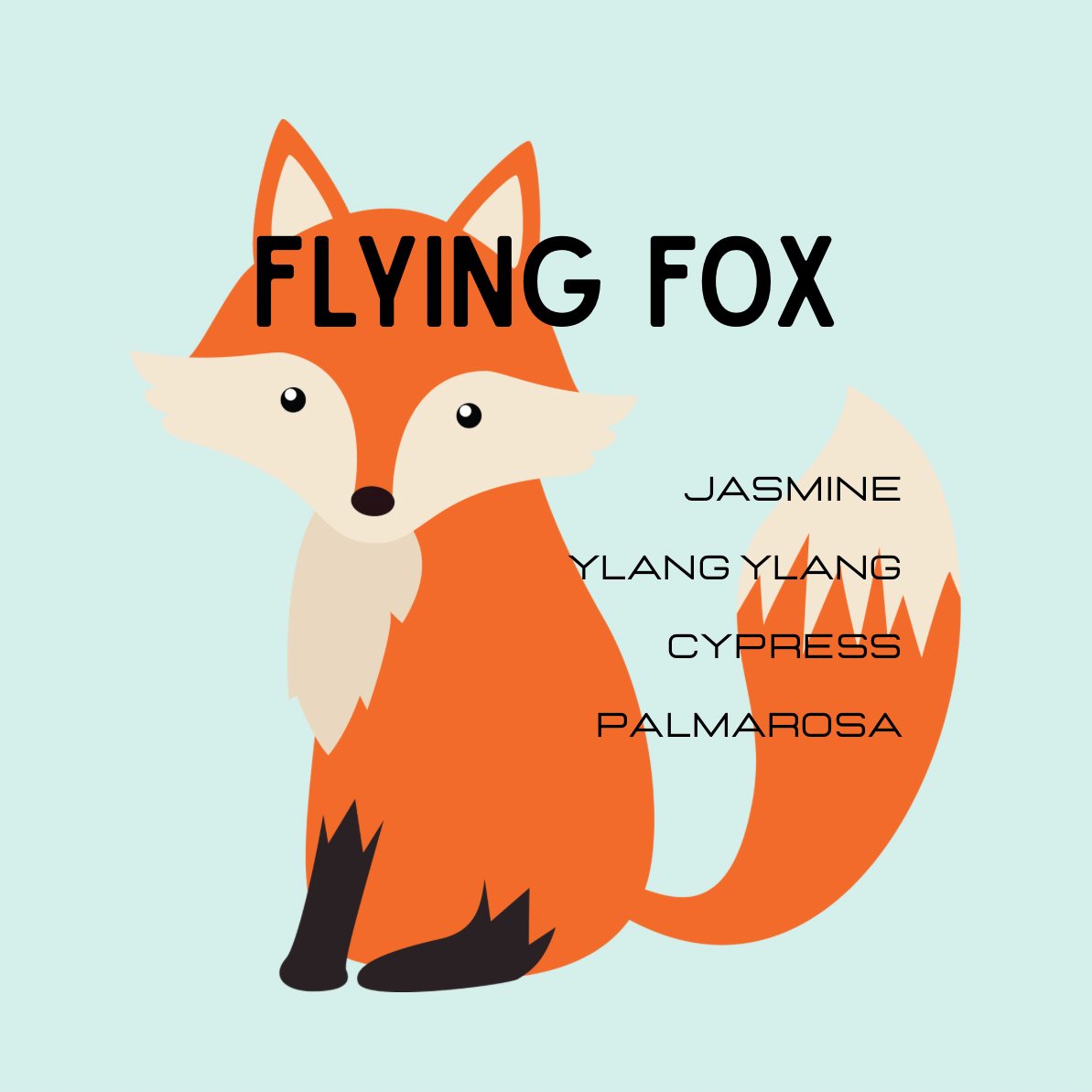 Illustration of a fox with 'Flying Fox' text on a light blue background