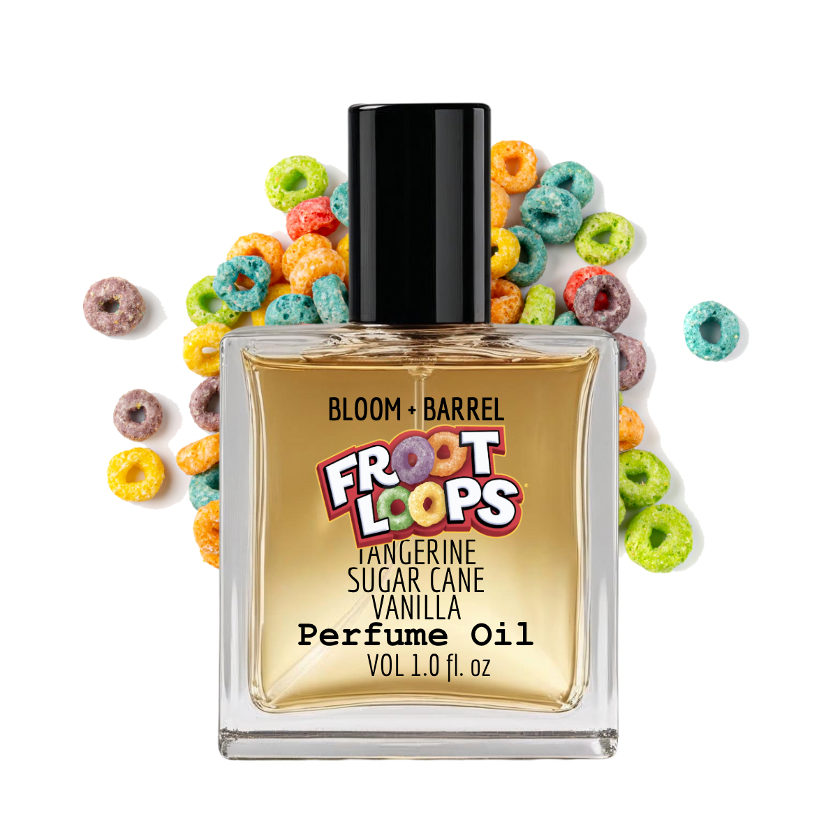 Perfume oil bottle with colorful cereal loops around it on a white background
