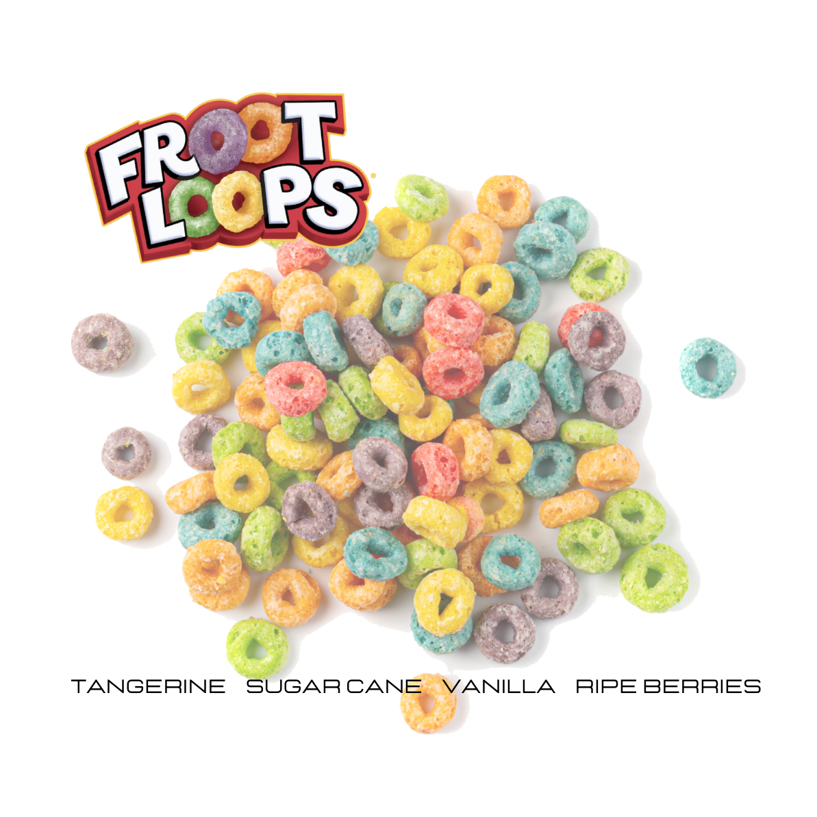 Colorful Froot Loops cereal loops with the brand logo on a white background.