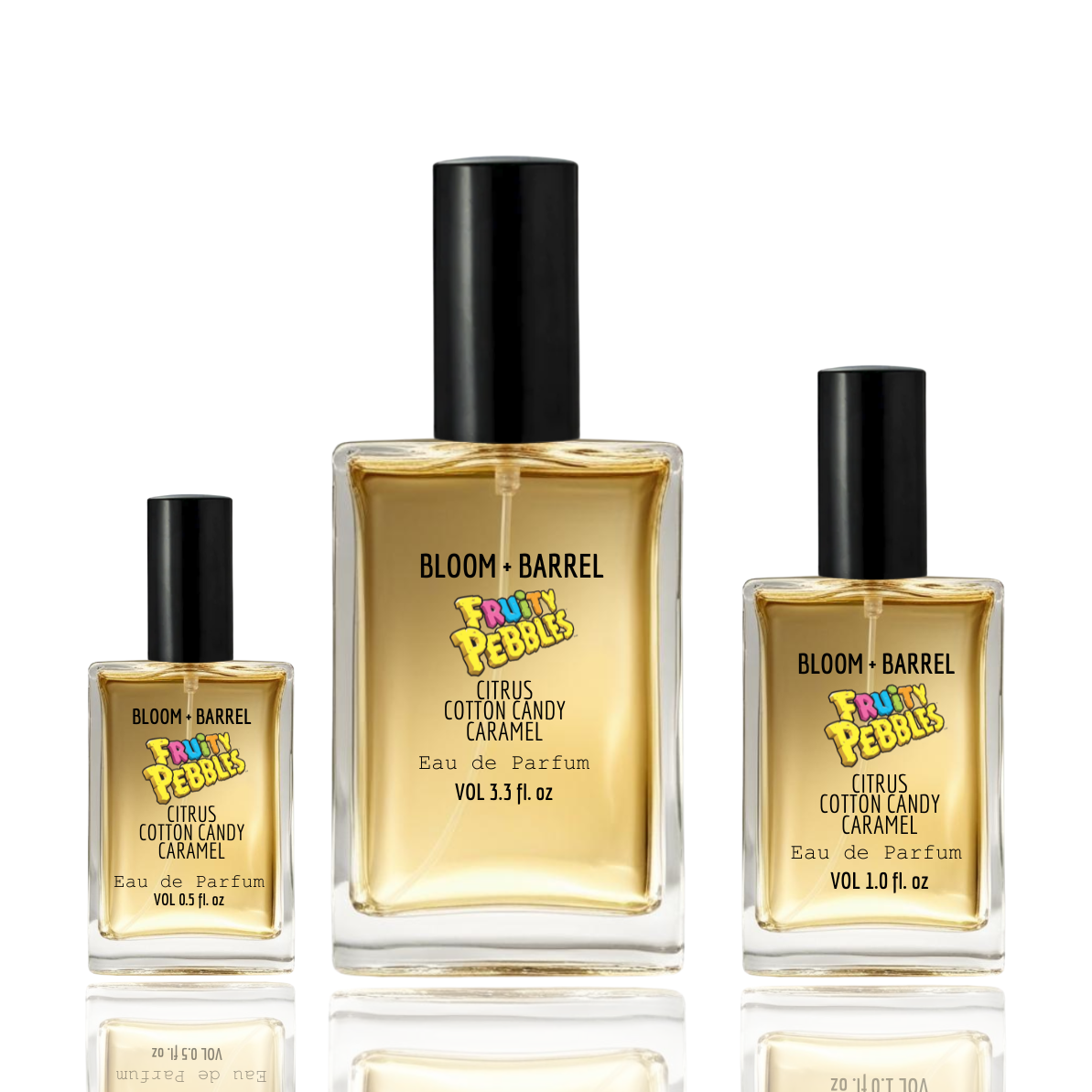 Three bottles of Bloom & Barrel fruity pebbles perfume with colorful labels on a white background.