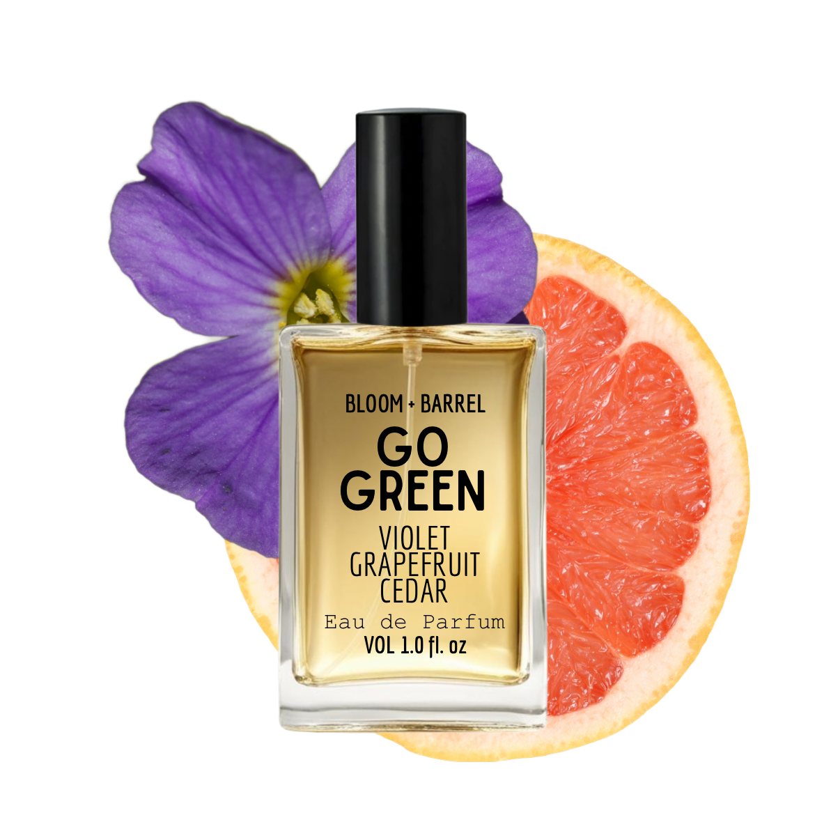 Perfume bottle labeled 'Go Green' with a purple flower and grapefruit slice on a white background