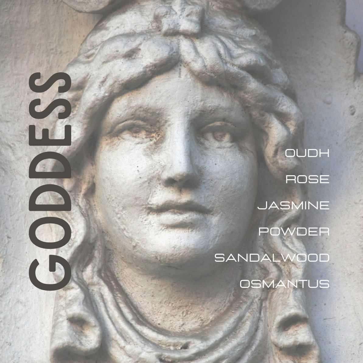 Statue of a woman with text overlay on a gray background