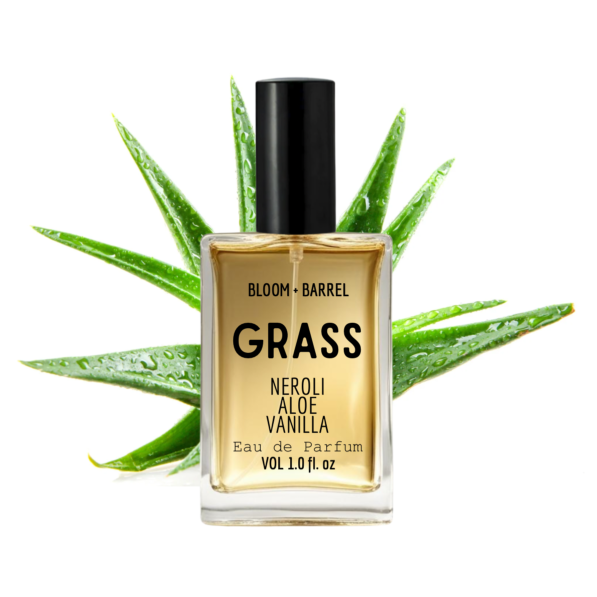 Perfume bottle labeled 'Grass' with aloe vera leaves on a white background