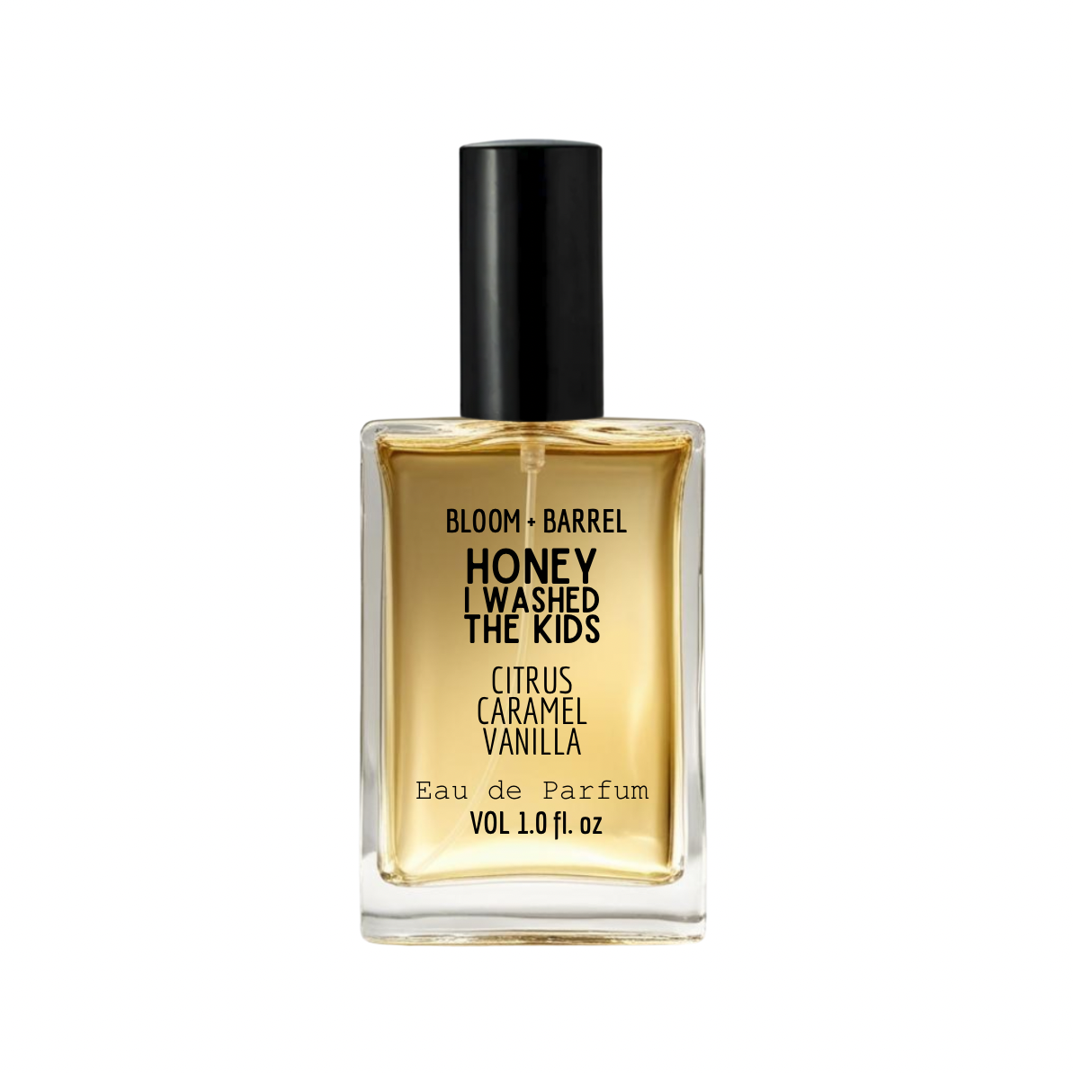 Perfume bottle labeled 'Honey I Washed the Kids' by Bloom & Barrel on a white background