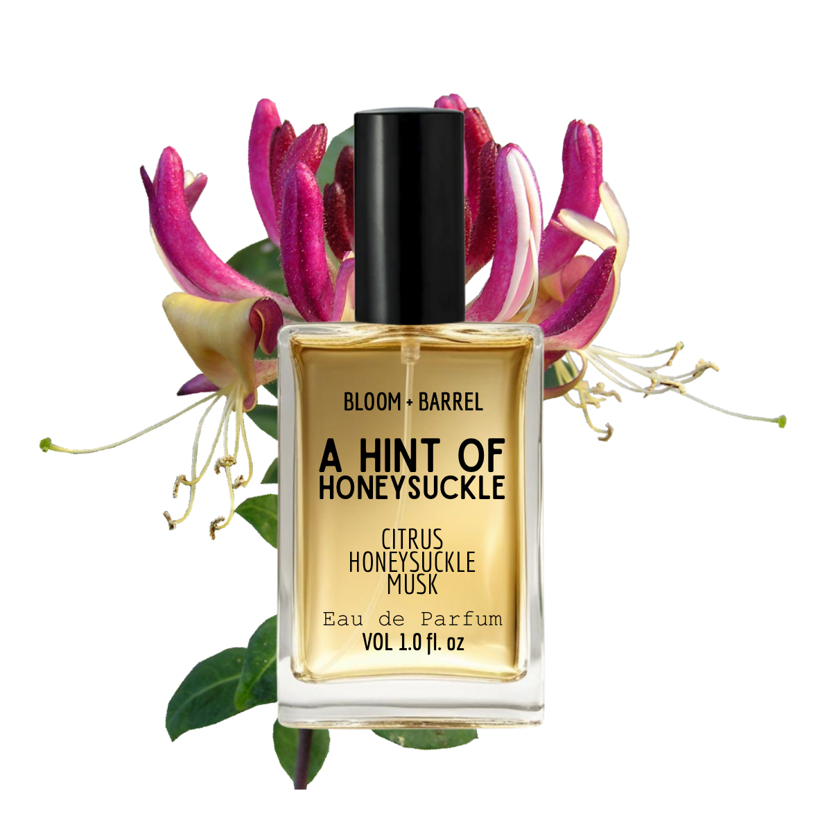 Perfume bottle labeled 'A Hint of Honeysuckle' with flowers in the background