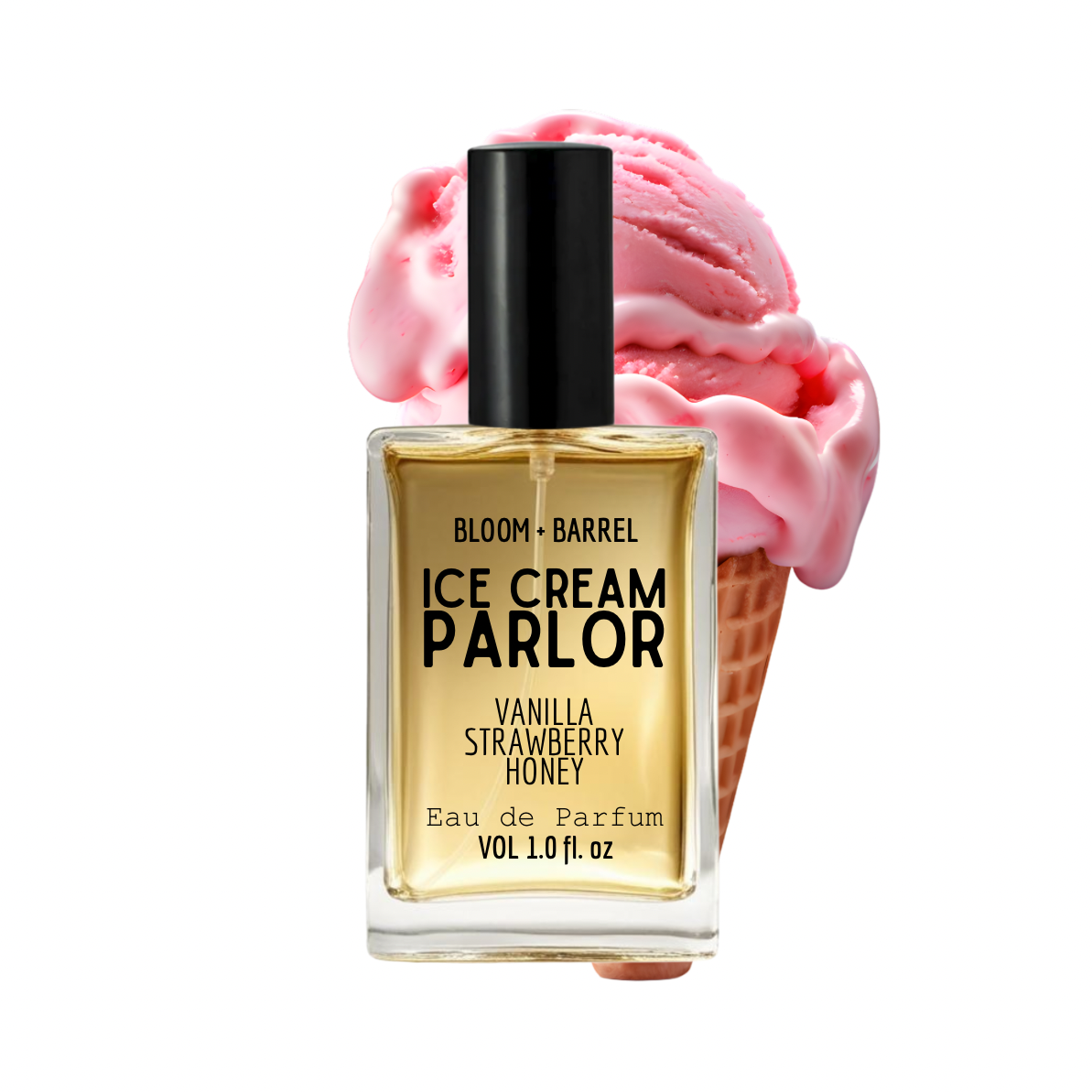 Perfume bottle labeled 'Ice Cream Parlor' with a pink ice cream cone on a white background