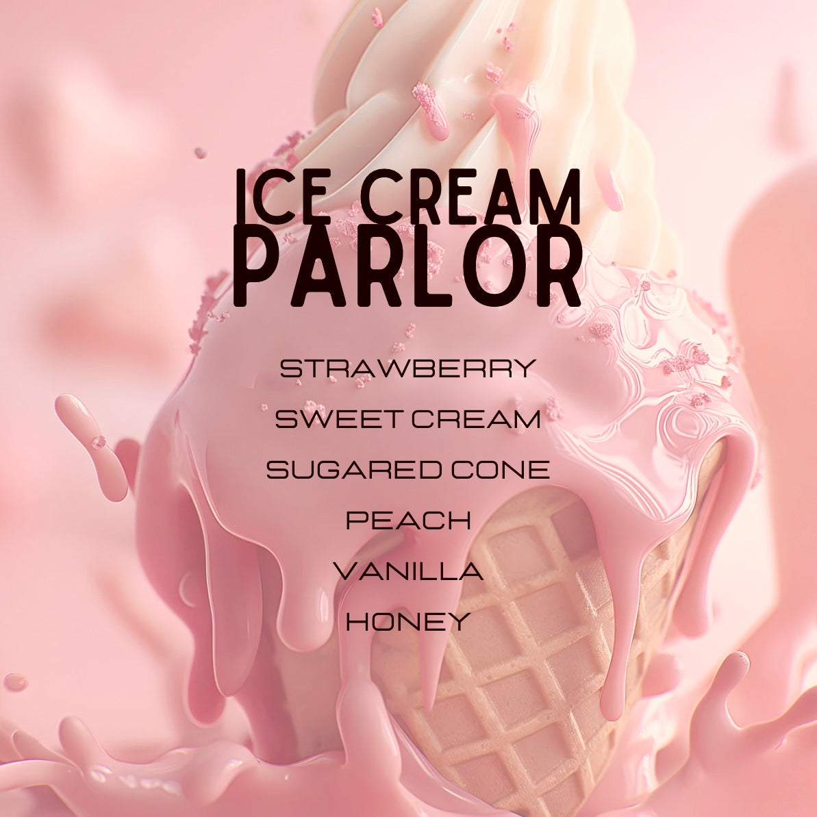 Ice cream cone with pink ice cream and text overlay on a pink background