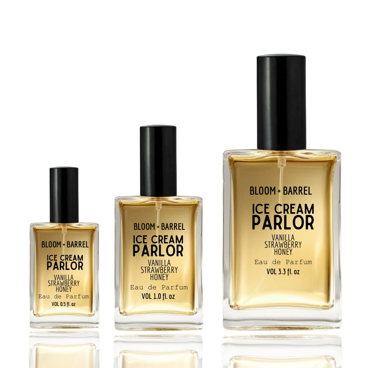 Three bottles of Bloom & Barrel Ice Cream Parlor perfume on a white background