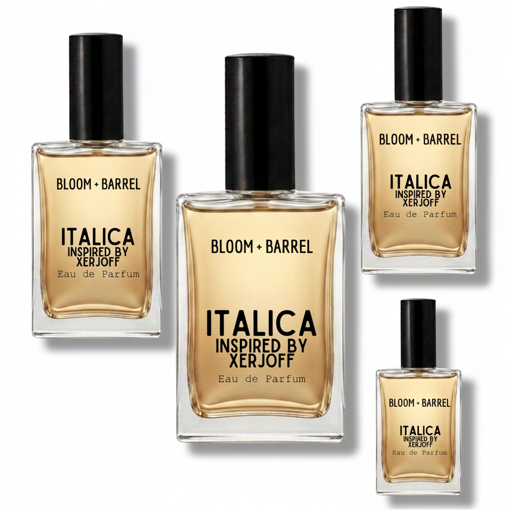 Four bottles of Bloom + Barrel Italica Inspired By Xerjoff Eau de Parfum in different sizes, arranged on a plain white background.