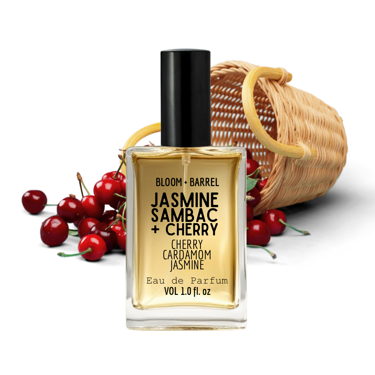 Perfume bottle labeled 'Jasmine Sambac + Cherry' with cherry and wicker basket on a white background