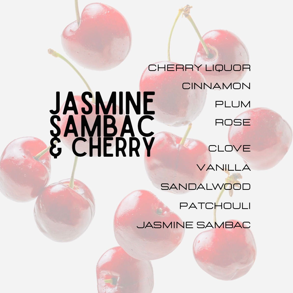 Cherries with a list of scents on a white background