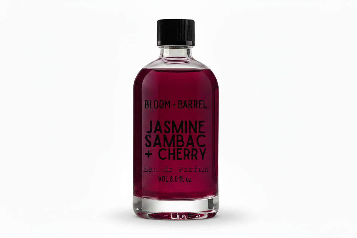 Bottle of Bloom + Barrel Jasmine Sambac + Cherry Eau de Parfum on a white background