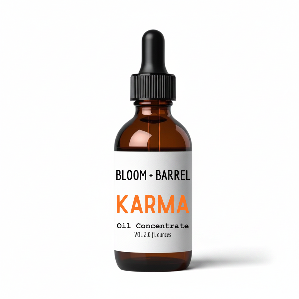 Bottle of Bloom + Barrel Karma Oil Concentrate on a white background