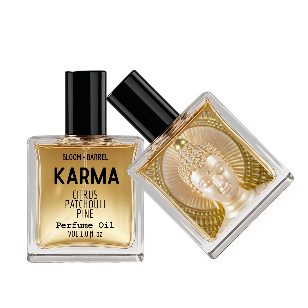 Two perfume bottles, one labeled 'Karma' and the other with a gold design, on a white background.