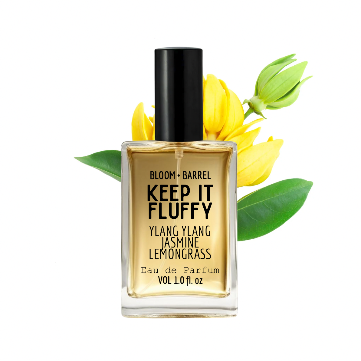 Perfume bottle labeled 'Keep It Fluffy' with yellow flowers and green leaves on a white background