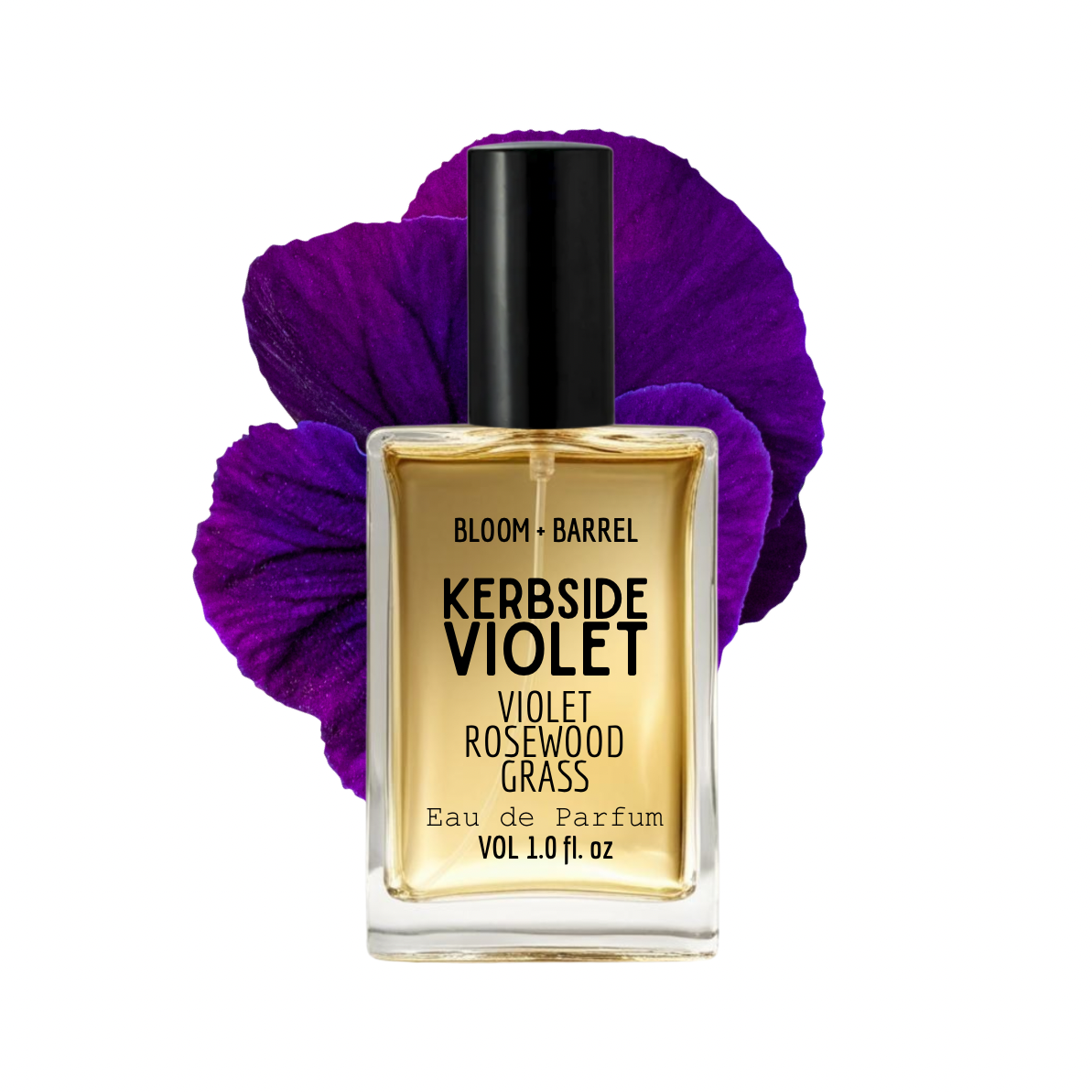 Perfume bottle labeled 'Kerbside Violet' with a purple flower on a white background