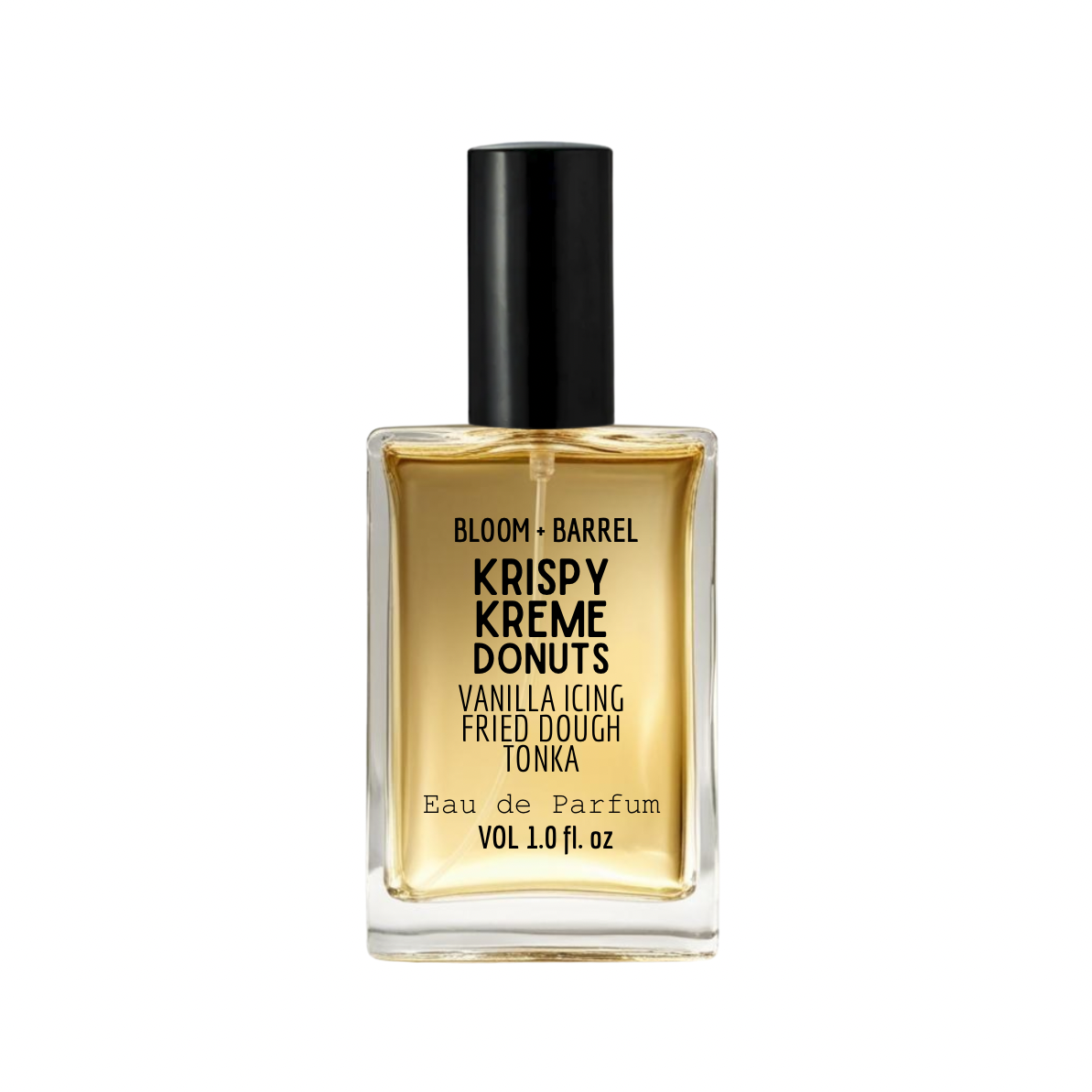 Perfume bottle labeled 'Krispy Kreme Donuts' by Bloom & Barrel on a white background