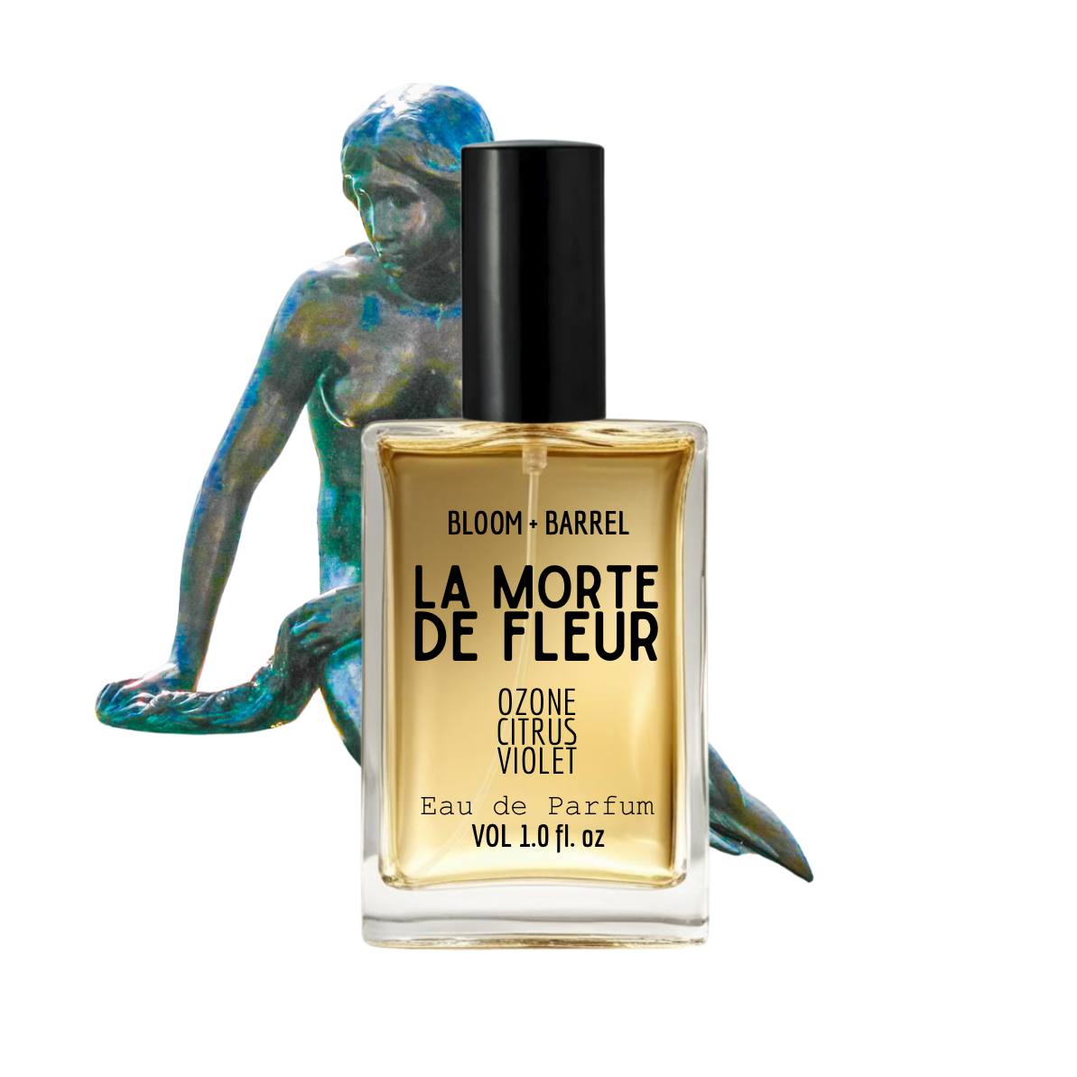 Perfume bottle labeled 'La Morte de Fleur' with a classical statue in the background