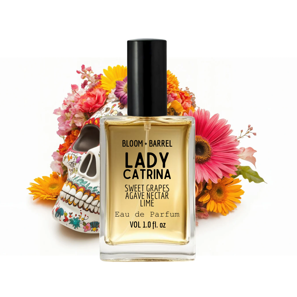 Perfume bottle labeled 'Lady Catrina' with colorful flowers and a skull decoration on a white background