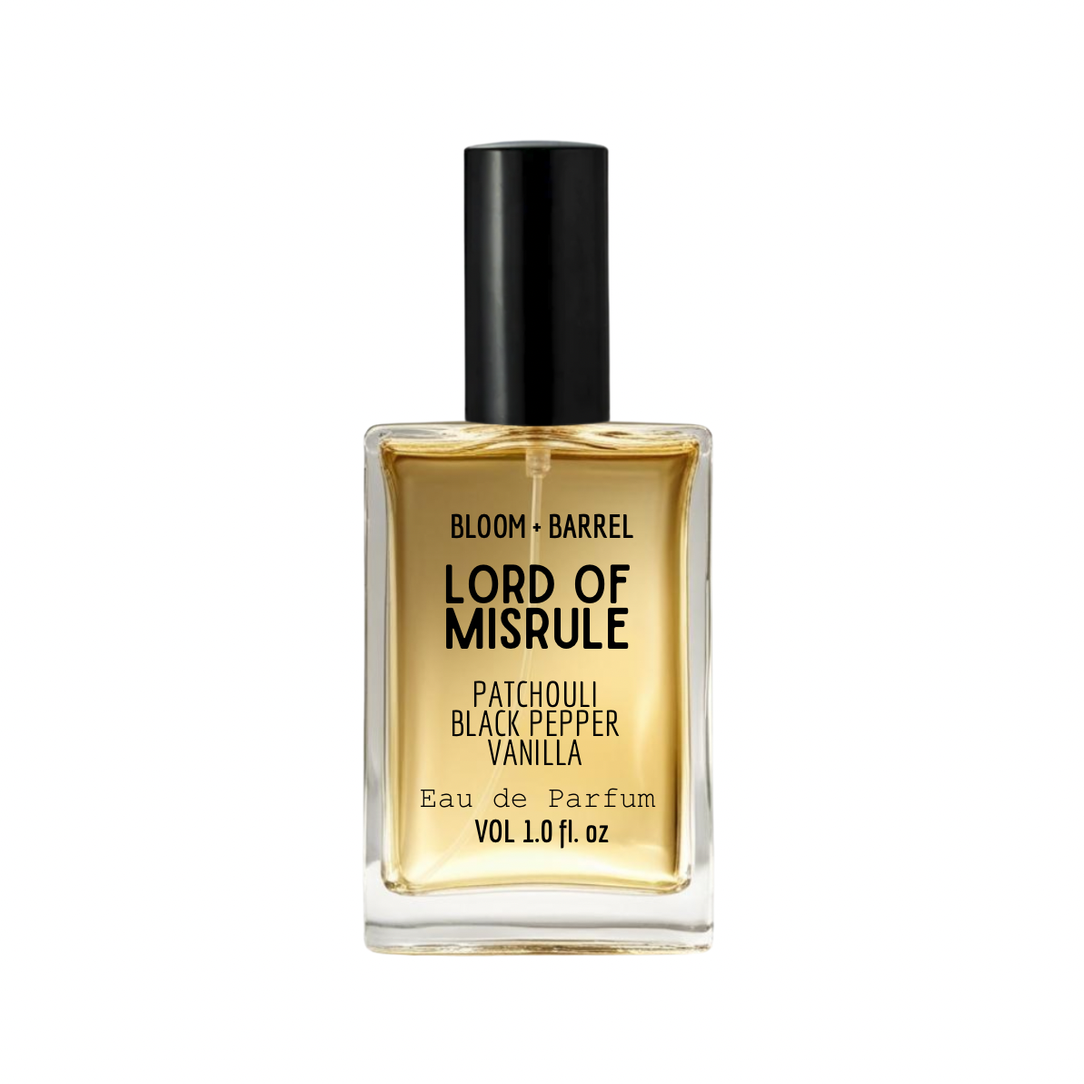Perfume bottle labeled 'Lord of Misrule' by Bloom & Barrel on a white background
