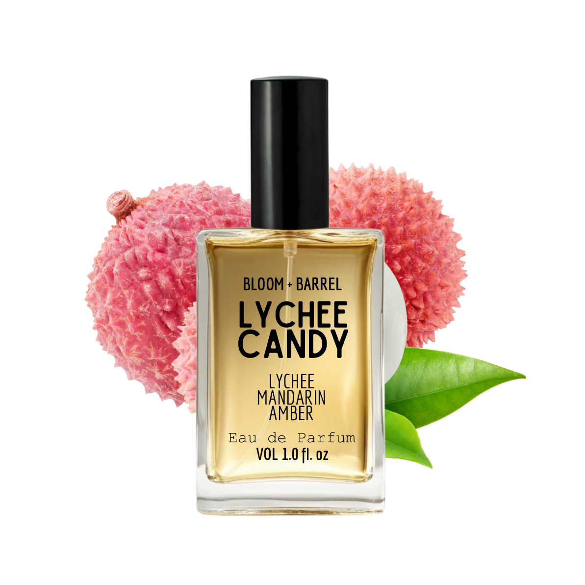 Perfume bottle labeled 'Lychee Candy' with lychee fruit and leaves on a white background