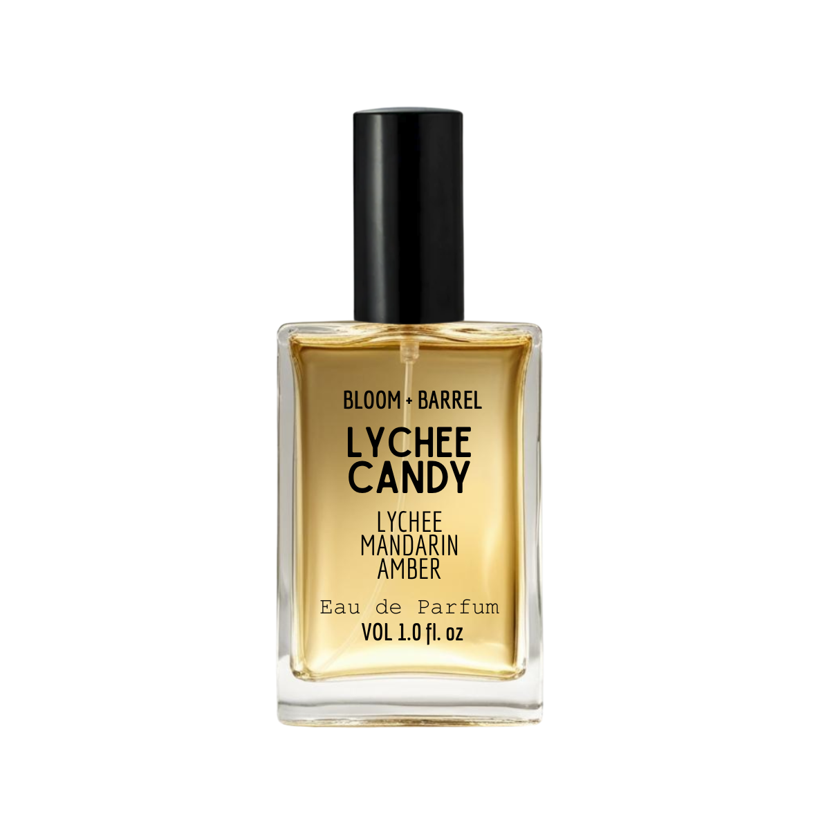 Perfume bottle labeled 'Lychee Candy' by Bloom & Barrel on a white background