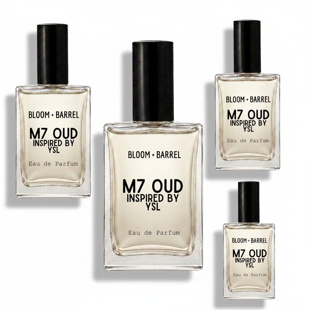 Four clear glass perfume bottles with black caps arranged on a white background. The center bottle is largest, with three smaller matching bottles around it.
