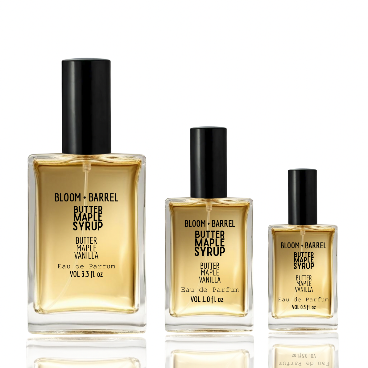 Three bottles of Bloom + Barrel Butter Maple Syrup Eau de Parfum on a white background