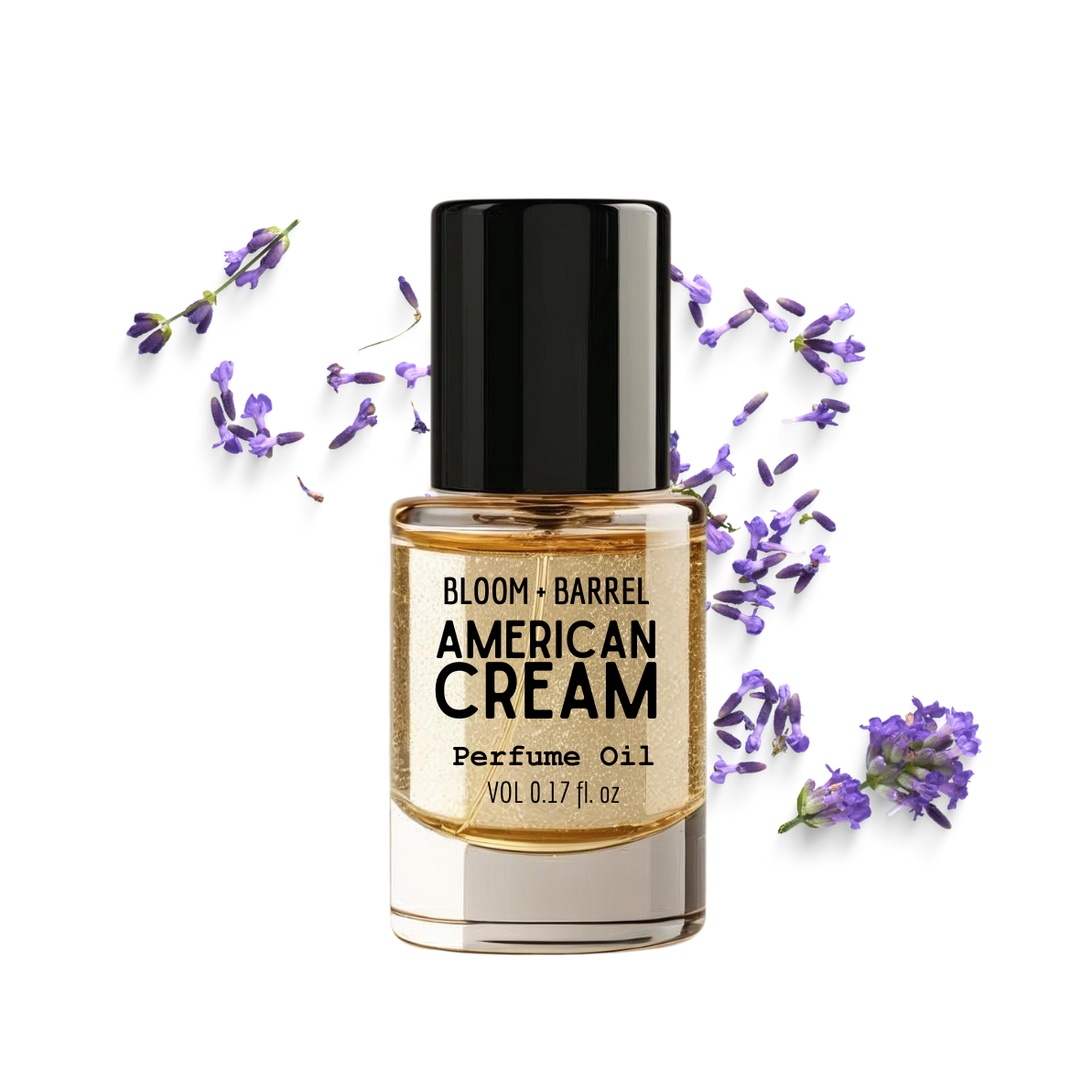 Perfume oil bottle labeled 'American Cream' with lavender flowers on a white background