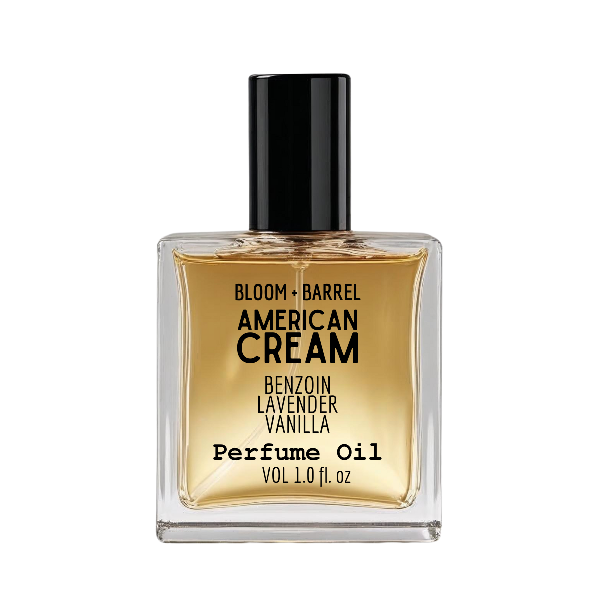 Perfume oil bottle labeled 'American Cream' by Bloom & Barrel on a white background