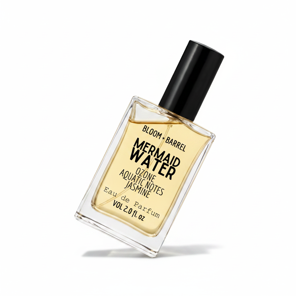 Perfume bottle labeled 'Mermaid Water' by Bloom & Barrel on a white background
