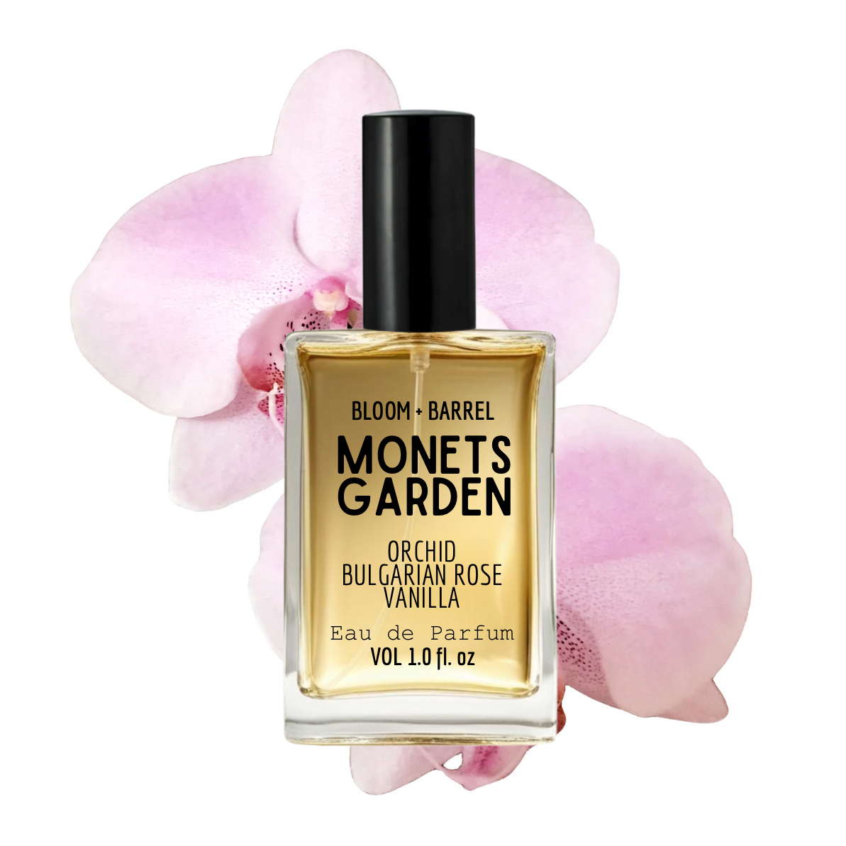 Perfume bottle labeled 'Monet's Garden' with pink flowers in the background