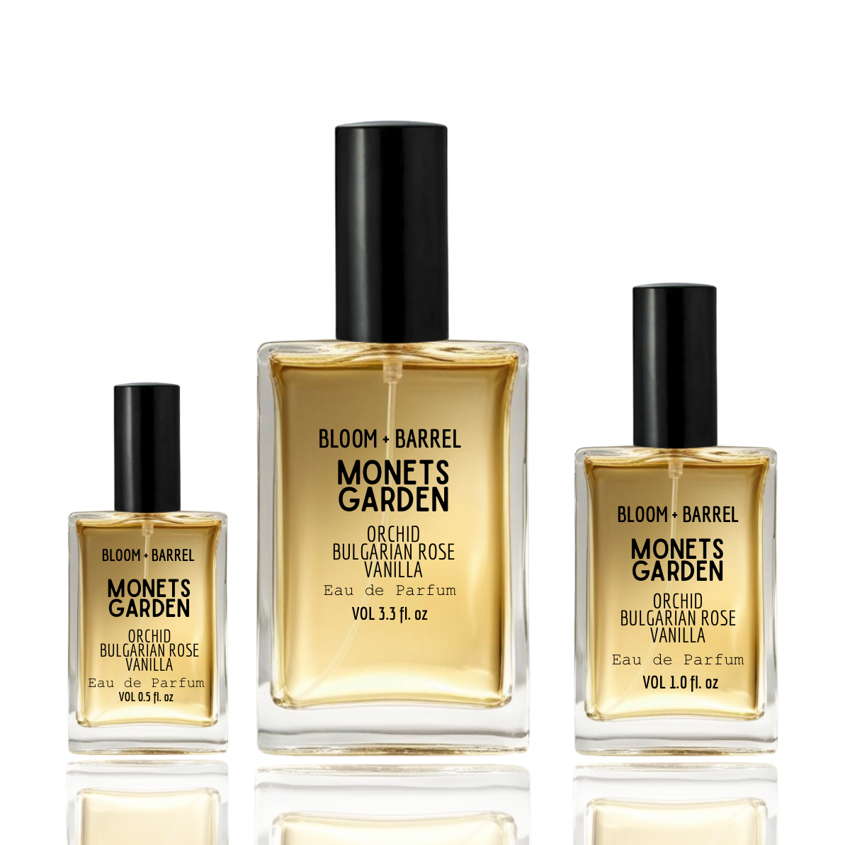Three bottles of Bloom + Barrel Monet's Garden perfume on a white background